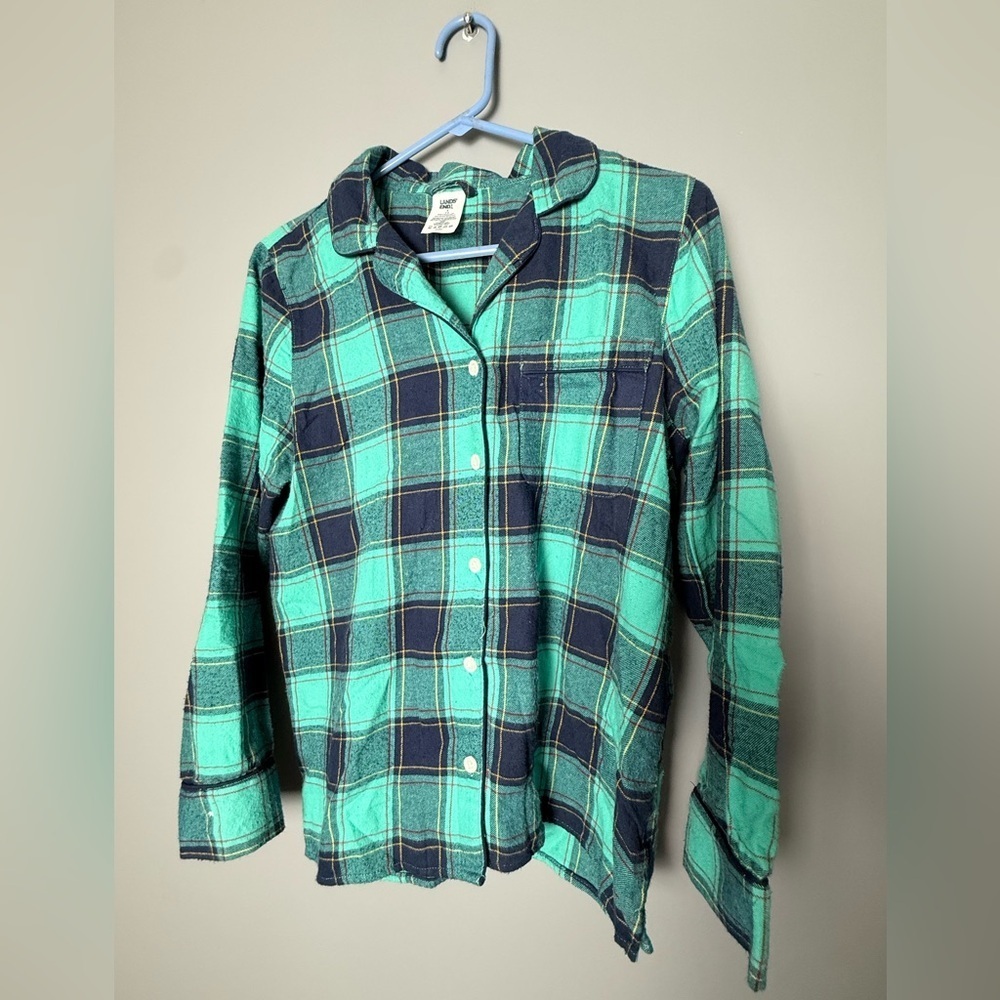Lands End 100% Cotton Flannel Plaid Pajama Set Womens Sz S Green/Blue - Picture 2 of 6